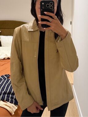 Women's Tan Leather Jacket - Classic Collared Coat